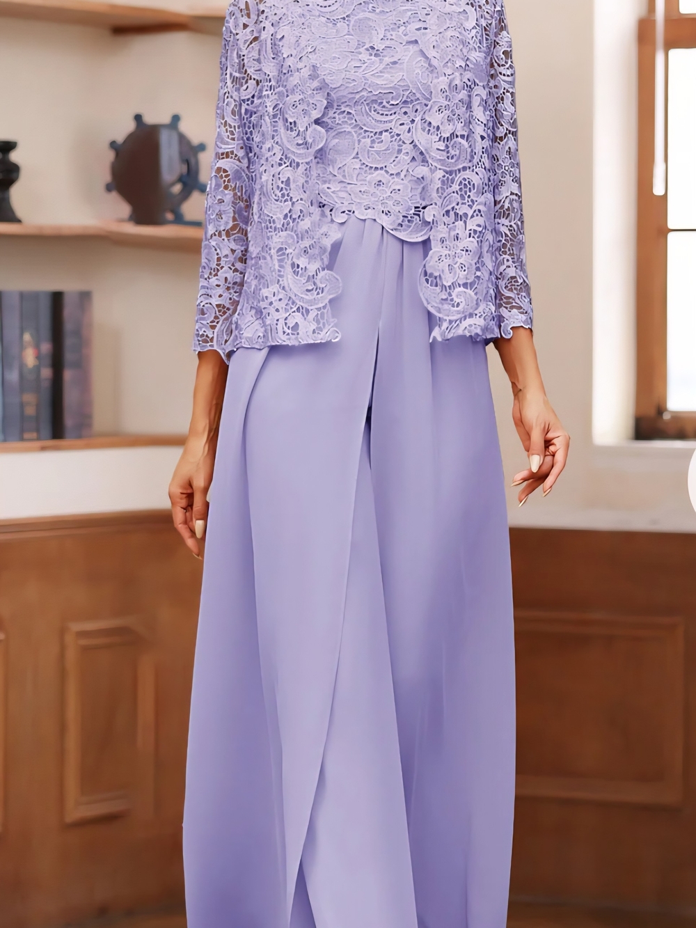 Mother Of The Bride 3 Piece Lavender Wide-Leg Jumpsuit with Lace Bodice 32W